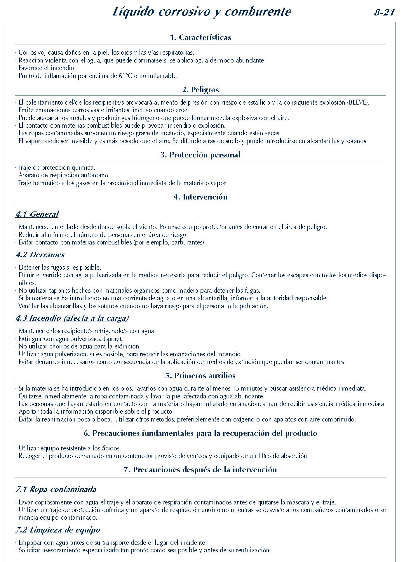 323 FICHA 8-21 LIQUIDO CORROSIVO COMBURENTE FICHAS EMERGENCIA